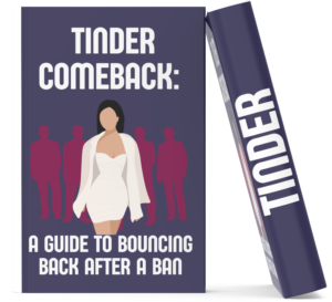 Tinder Ban: Your #1 Comeback Guide - Book cover featuring a woman in a white dress surrounded by male silhouettes, symbolizing overcoming challenges and rejoining the Tinder dating pool after a ban.