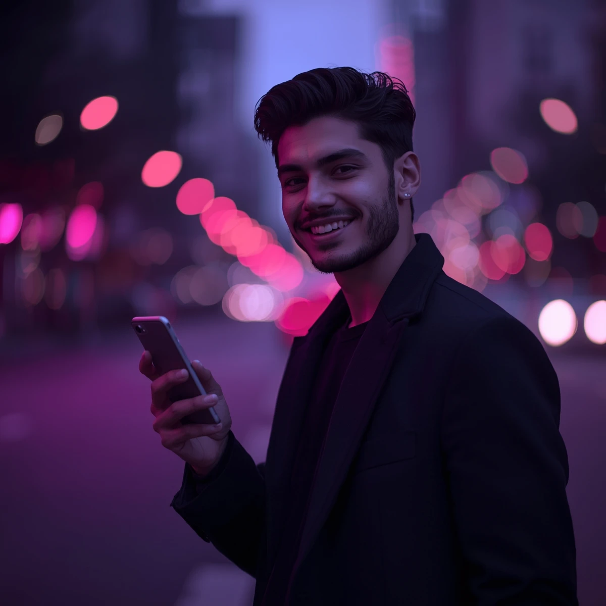 Smiling confident man using a phone in a vibrant city at night – premium dating service hero image